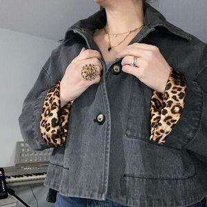 Gray Jean Jacket Cape with Leopard Print Lining